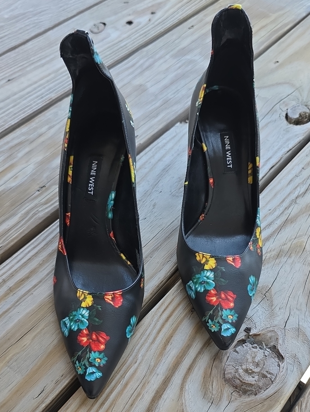 Nine West Black Floral Pointed Toe Heels with Red, Teal & Yellow Blooms